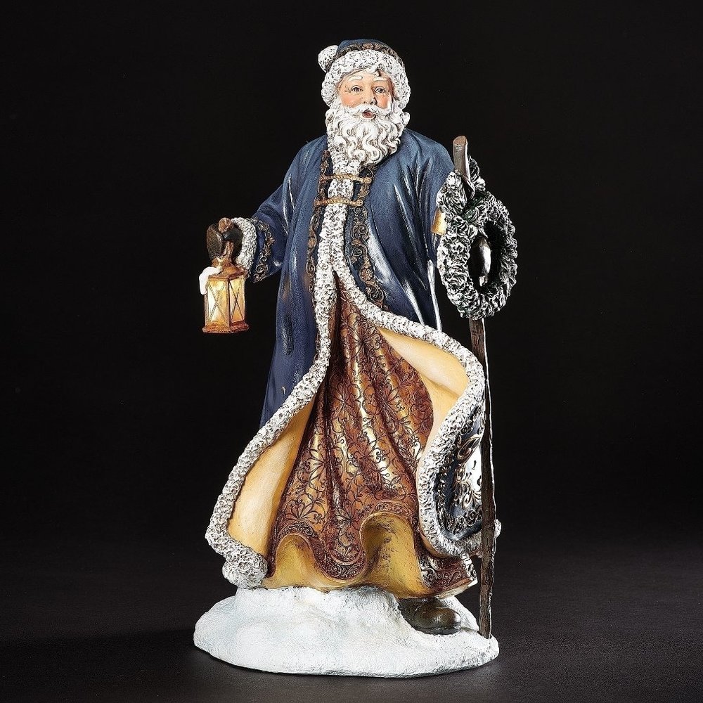 NIB Roman Inc. Blue 15" Santa with Wreath and LED Light Up Lantern